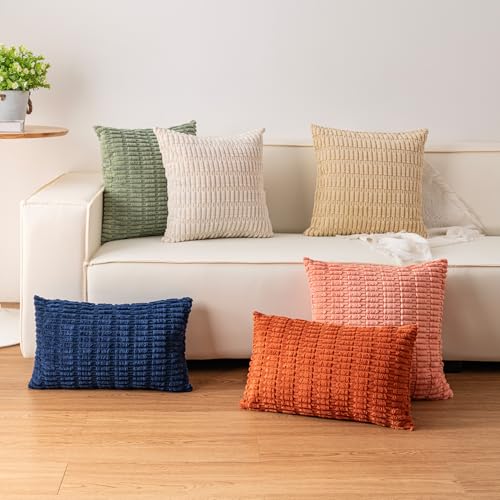 Aegero Pack of 2 Corduroy Decorative Throw Pillow Covers 18x18 Inch Soft Striped Pillow Covers Modern Farmhouse Home Decor for Sofa Living Room Couch Bed(Cream White)