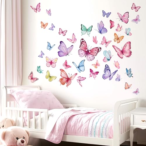 wondever Watercolor Butterfly Wall Stickers Colorful Butterflies Peel and Stick Wall Art Decals for Girls Bedroom Baby Nursery