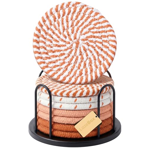 Lazebox Coasters Set of 8 for Drinks, 4 Inch Large Coasters for Coffee Table, Tabletop Protection for Hot & Cold Drinks, Versatile Coasters for Home Decor, Non-Slip & Easy to Clean, Orange