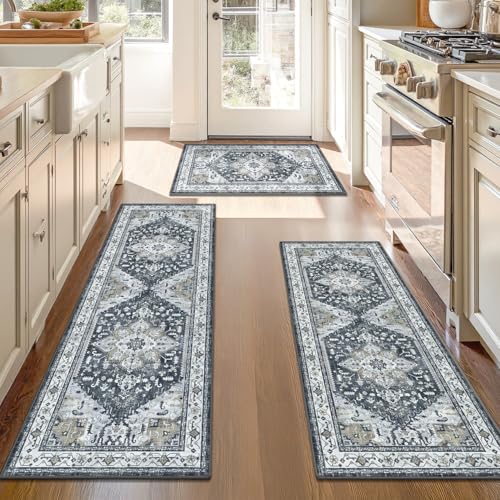 Washable Kitchen Runner Rugs Set of 3 with Non Slip Rubber Backing