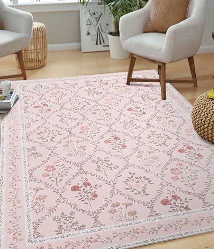 YIHOUSE 5x7 Pink Floral Rug for Bedroom Girls, Washable Area Rugs for Living Room Non Slip Ultra-Thin, Soft Throw Carpet for Nursery, Kids Playroom, Classroom, Home Office Decor