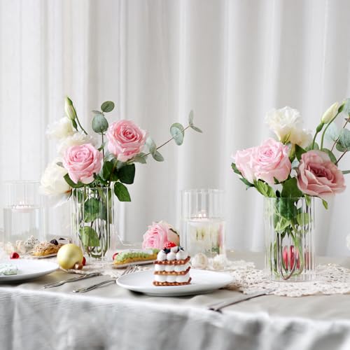 12Pcs Glass Cylinder vases for Centerpieces, 6 Inches Clear Ribbed Bud Vases for Wedding Decorations,Floral Vase Bulk Flower vases,Tall Glass Hurricane Candle Holder for Table Shelf, Party(Ribbed)