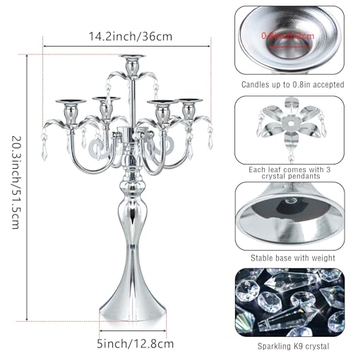 20.3'' Tall 5 Arm Silver Metal Candelabra Centerpiece for Table, Retro Table Centerpieces for Party, Events, Home, Wedding Decor (4)