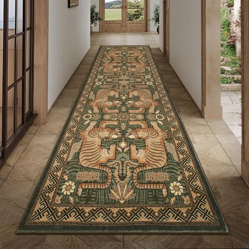 GarveeHome Tiger Print 2'6"x8' Washable Non Slip Runner Rugs for Hallways, Boho Green Kitchen Runner Ultra Thin Soft Vintage Tribal Indoor Throw Floor Carpet for Entryway Bedroom Bathroom