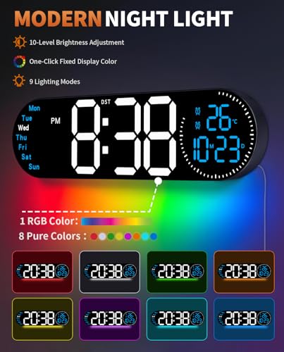 17.2 Inch Large Digital Wall Clock with 9 Color Changing Remote Control, Date Week Temperature, Auto Brightness Dimmer Big Clock Night Lights,Blue