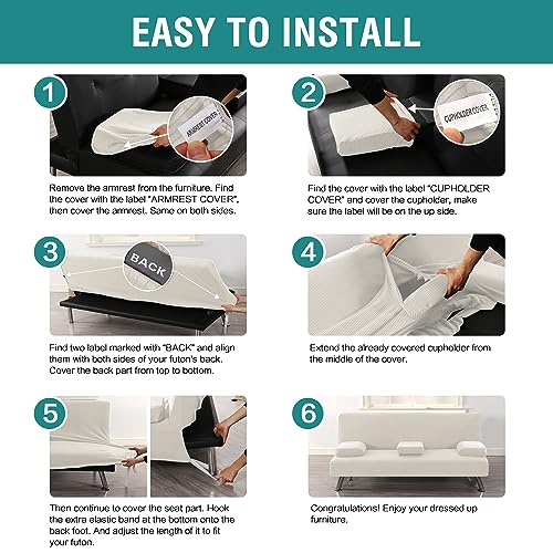4 Pieces Stretch Futon Covers Sofa Bed Slipcover with Removable Armrests and Cupholders Covers Furniture Protector High Spandex Small Checks Jacquard Fabric (New Ivory)