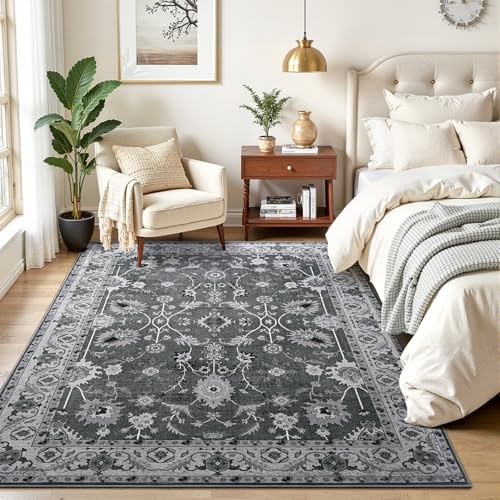 4x6 Area Rugs for Living Room, Washable Rug Vintage Floral, Black