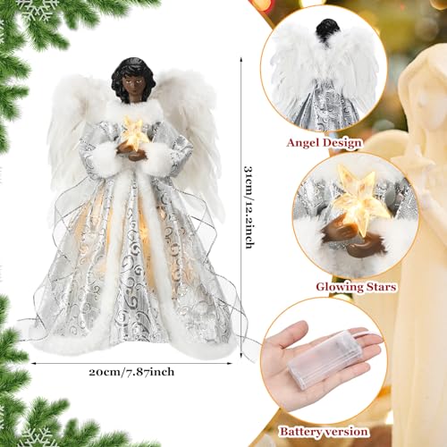 12.2'' Black Angel Christmas Tree Topper with Lights Standing African American Christmas Decorations Black Angel Figurines Treetop for Xmas Home Decor Winter Holiday(White,Cute Style)