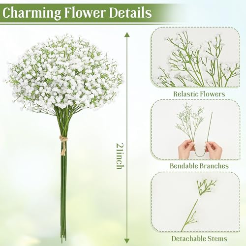 MARTINE MALL Babys Breath Artificial Flowers, 10 PCS White Baby Breath Flowers Artificial Bulk, Fake Babys Breath Gypsophila Real Touch Faux Babys Breath for Wedding Floral Arrangement Home Decor