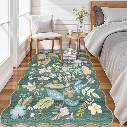 4x6 Washable Rug for Living Room: Non-Slip Scalloped Floral Area Rug Green