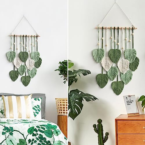Avoik Macrame Wall Hanging Boho Woven Tapestry Handmade Home Wall Decor Bohemian Leaf Modern Chic Wall Art Green Feather Decorations for Living Room Bedroom Apartment Nursery Farmhouse Backdrop