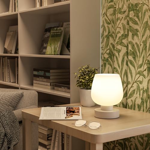 Seealle Touch Table Lamp for Nightstand - Small Bedside Lamp for Bedroom Living Room Night Stands, Desk Lamp with White Glass Shade for Small Spaces, 3 Way Dimmable, LED Bulbs, Gifts