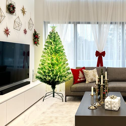 4FT Pre-lit Fiber Optic Christmas Tree with Lighted Star, PVC & Iron Construction, Green Artificial Christmas Tree with 141 Branch, Indoor Christmas Decorations, Holiday Home Xmas Decoration
