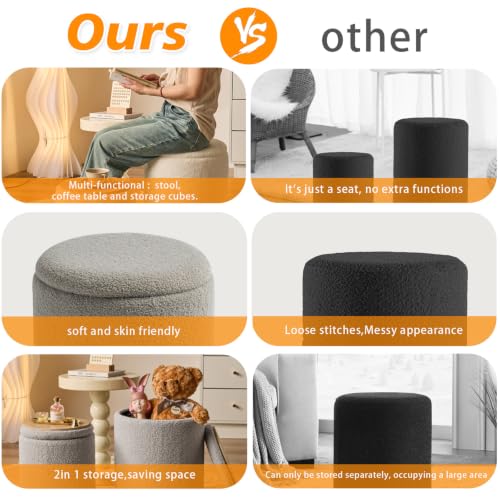 Round Ottoman with Storage Set of 2 Gray Sherpa Vanity Stool