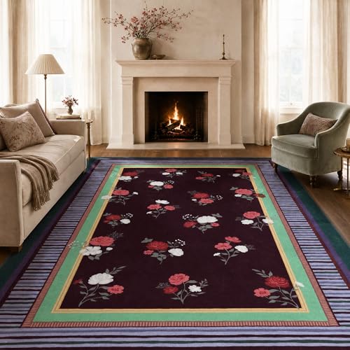 GarveeHome Brown 5x7 Area Rug, Vintage Floral Design, Machine Washable Low Pile Rug, Lightweight Non Slip, Soft Carpet for Living Room Bedroom Dining Room Nursery