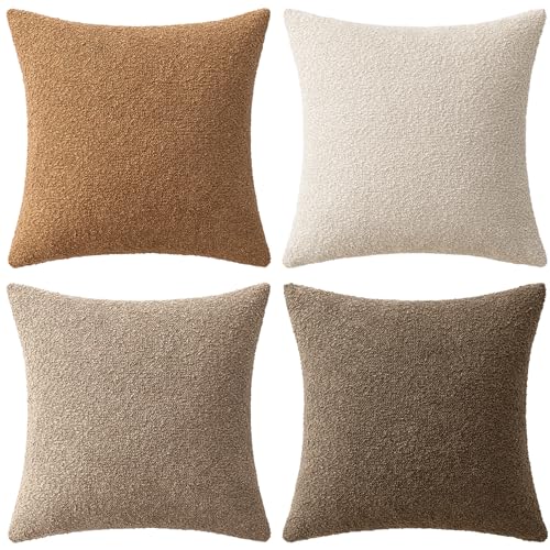 MIULEE Pack of 4 Decorative Textured Boucle Throw Pillow Covers 18x18 Inch Neutral Brown Accent Solid Pillow Cases Couch Cushion Covers for Modern Farmhouse Boho Chair Sofa Bed Room Home Decor
