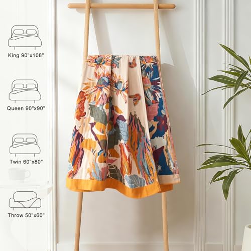 LUTBM Boho Throw Blanket for Couch 100% Cotton Soft Breathable Butterfly and Floral Embroidery Summer Throw Blanket,50"x60" All Season Reversible Throws for Sofa Chair Bohemian Decor for Livingroom