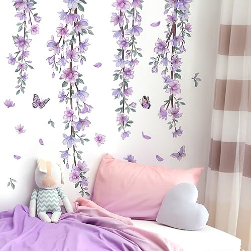 Hanging Creative Removable DIY Purple Flower and Vines Some Flying Butterfly Wall Sticker Waterproof Vinyl Wall Decal Decor for Home Girls Bedroom Kids Room Bedroom Living Room Wall Corner