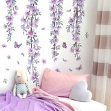 Hanging Creative Removable DIY Purple Flower and Vines Some Flying Butterfly Wall Sticker Waterproof Vinyl Wall Decal Decor for Home Girls Bedroom Kids Room Bedroom Living Room Wall Corner