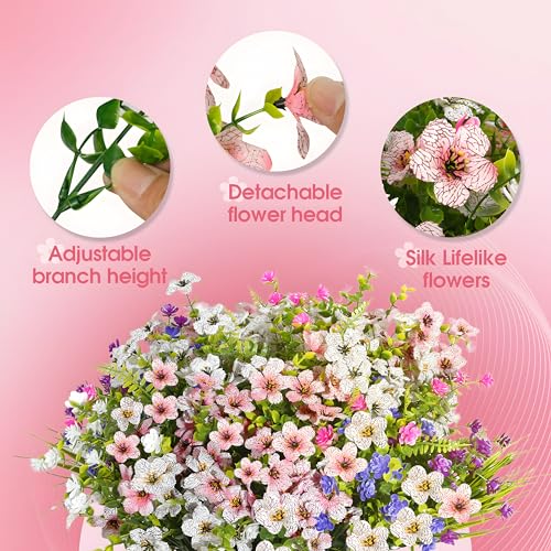 Fake Flowers for Outdoor UV Resistant 24 pcs Pink Artificial Flowers Outdoors, Realistic Faux Silk Flowers Fade Resistant, Fake Plants ＆ Flowers for Garden Porch Planters Window Patio Wedding