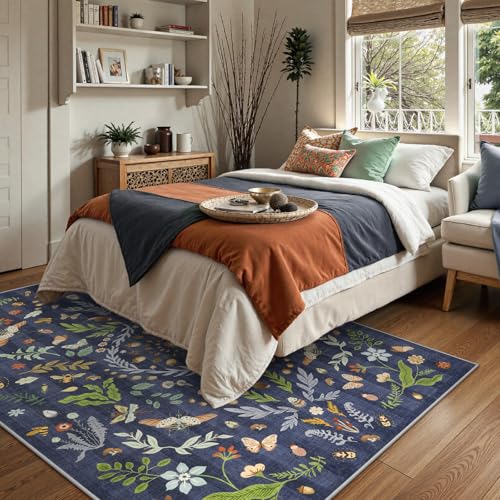Lahome Washable Insect Botanical 5x7 Area Rugs for Nursery - Machine Washable Non-Slip Navy Blue Bedroom Rug, Boho Low Profile Soft Faux Wool Carpet for Living Room Laundry Playroom Dining Room