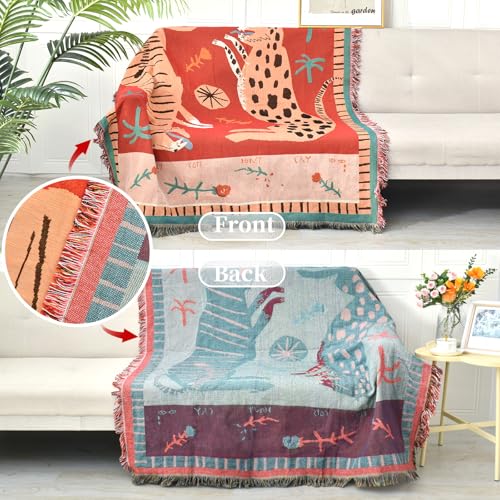 Boho Throw Blanket Reversible Cotton Bohemian Tapestry Hippie Room Decor Outdoor Blanket Double Sided (Boho Leopard 50"x60")