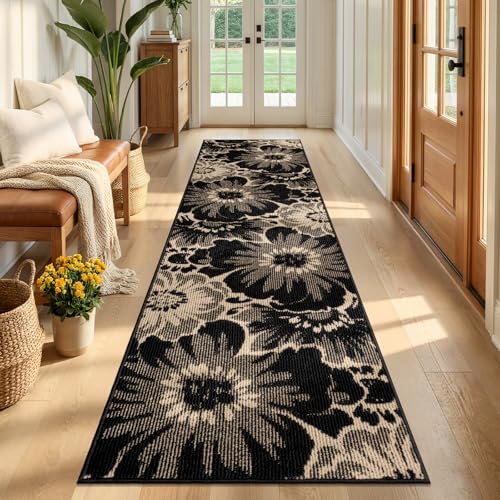 Findosom Hallway Runner Rug 2x8, Non Slip High-Low Textured Floral Washable Runner Rug with Rubber Backing, Boho Carpet Runner for Kitchen, Entryway, Bedroom, Laundry, Black & Beige
