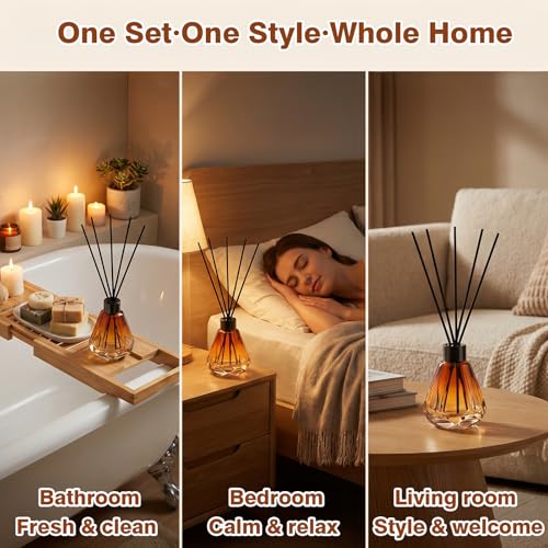 8 Pcs Sizes Reed Diffuser Set with 40 Sticks, Brown Fragrance Glass Diffuser Bottles with Lids for Home Oil Fragrance Decoration Girl Women Gift (60ML)