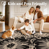 Findosom Washable Area Rug 6x9, Non Slip High-Low Textured Floral Rugs for Living Room with Rubber Backing, Boho Carpet for Bedroom, Kitchen, Entryway, Laundry, Black & Beige