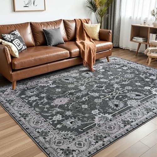 4x6 Area Rugs for Living Room, Washable Rug Vintage Floral, Black