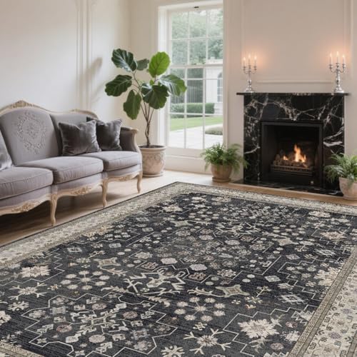 5x7 Washable Area Rugs for Living Room (Charcoal Blush Ivory)