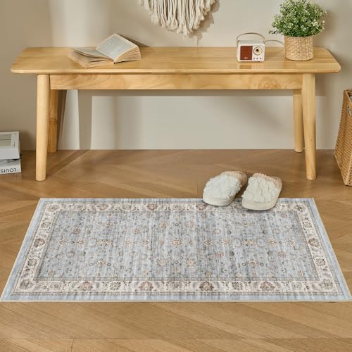 Runner Rug 2x4 Vintage Floral Small Rugs Door Mat, Gray/Light Blue