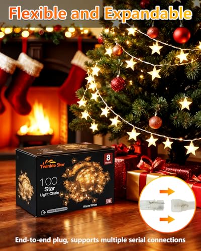 Twinkle Star 100 LED Star String Lights, 33FT Plug in Fairy String Lights Waterproof for Bedroom Decor, Indoor, Outdoor, Wedding Party, Christmas Tree, New Year, Ramadan, Warm White