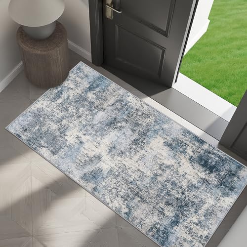 2x4 Rug for Entryway Washable: Non Slip Abstract Runner for Kitchen Blue