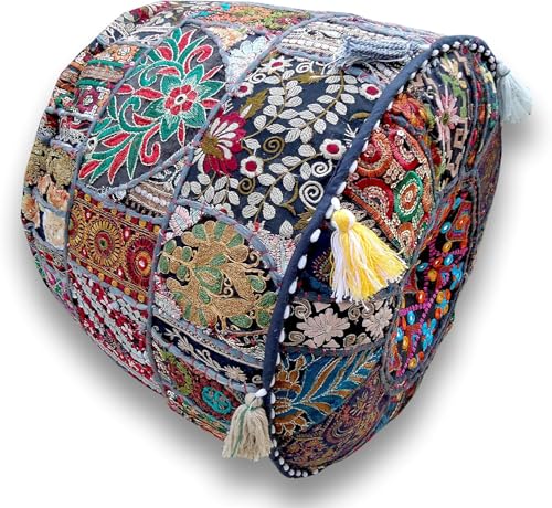 Sophia-Art Indian Embroidered Patchwork Cover Decorative Pouf Indian Comfortable Floor Cotton Cushion Ottoman Pouf,Indian Designs Ethnic Patchwork Pouf (Blue, 18"x13")