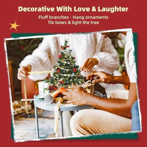 iLAND Mini Christmas Tree Tabletop Small Christmas Tree 12 inch Cute Xmas Table Decoration for Office Desk Shelf Dorm Party Tiny Table Top Décor Miniature 1/6 Scale Elf Accessories Shining Xmas Gift