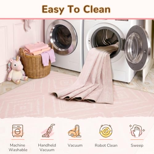 BESTSWEETIE Area Rug 5x7 Rug Machine Washable Non-Slip Low Pile Print Pattern Western Rug for Living Room Bedroom Entryway Tribal Series -Light Pink/Cream