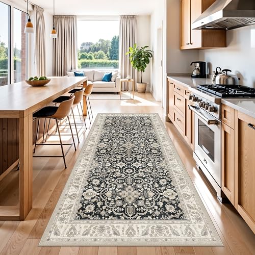 4x8 Rug Runner Non Slip: Washable Area Rugs for Wide Hallway - Soft Vintage Farmhouse Runners for Kitchen Bedroom Dining Room Living Room Entryway - Stain Resistant Low-Pile Thin Carpet Black Beige