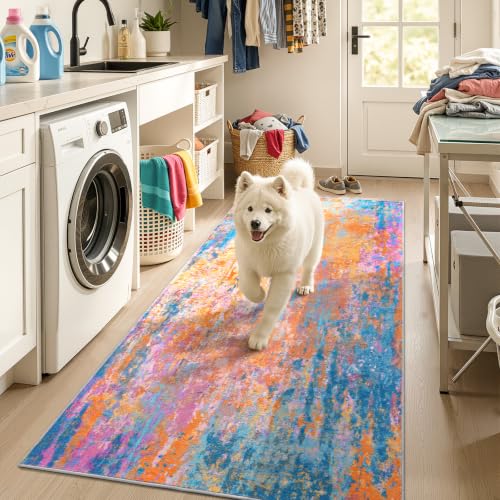 Entryway Rug 3x6 Rainbow Bedroom Area Rug Washable Non Slip Abstract Boho Rugs for Indoor Entry, Kitchen, Classroom, Bathroom, Kids Girls Room, Office, College Dorm Small Carpet