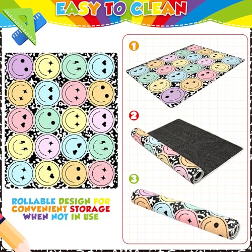 3.3x6.6 ft Pastel Smile Face Classroom Rug Composition Notebook Play Carpet Educational Area Rug Pastel Face Play Mat Non-Slip Back to School Floor Mat for Teaching Playroom Nursery Daycare Home Decor