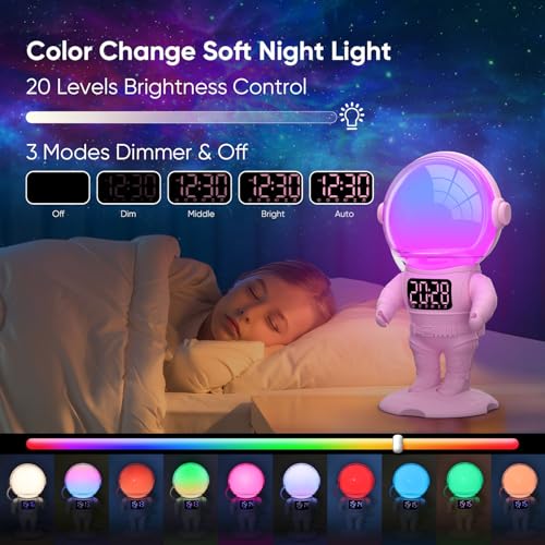 AFEXOA Astronaut Sunrise Alarm Clock for Kids, White Noise Sound Machine with 30 Soothing Sounds, 22 Dimmable Nightlights, Bluetooth Speaker, Dual Alarms, Wake Up Light for Bedroom(Pink)