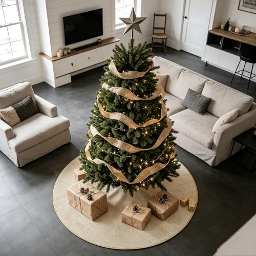 yuboo 48 Inch Burlap Christmas Tree Skirt, Brown Jute Linen Tree Mat, Summer Rustic Farmhouse Boho Tree Skirt with Ties for Holiday Tree Decor