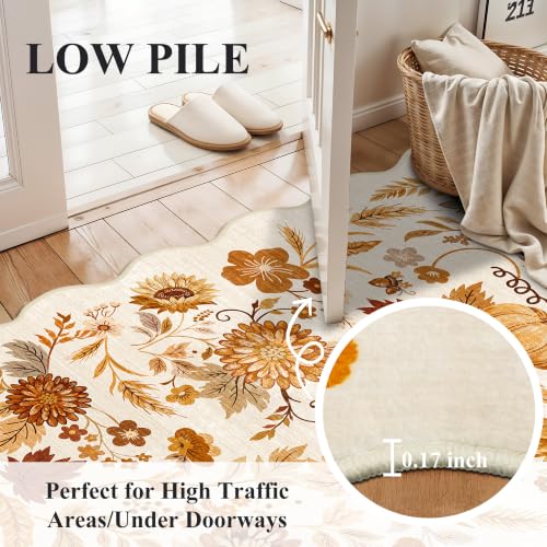 3X5 Fall Floral Area Rug: Throw Autumn Pumpkin Holiday Doormat Beige-Gold