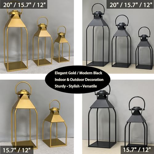 Decorative Metal Lanterns Indoor Outdoor, Candle Holder for Porch, Patio, Fireplace, Floor, Wedding, Christmas, Fall, Holiday, Farmhouse Table Centerpiece (Black, Set of 3 20" 15.7" 12")