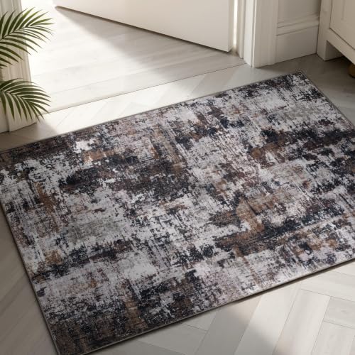 Sasttie 2x3 Entryway Area Rug, Modern Abstract Small Carpet, Black & Brown