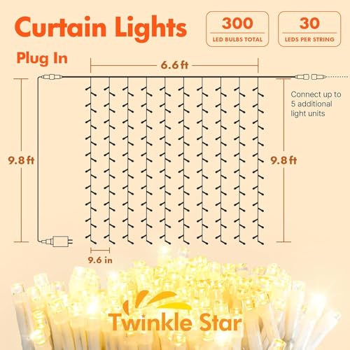 Twinkle Star 300 LED Curtain String Lights, 8 Modes Plug in Fairy Lights for Bedroom,Wedding,Party,Birthday, Hanging Twinkle Light for Indoor Outdoor Wall Window Backdrop Decoration, Warm White