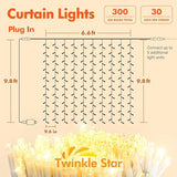Twinkle Star 300 LED Curtain String Lights, 8 Modes Plug in Fairy Lights for Bedroom,Wedding,Party,Birthday, Hanging Twinkle Light for Indoor Outdoor Wall Window Backdrop Decoration, Warm White