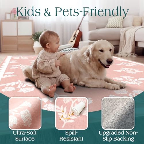 Pink Floral Rug for Girls Bedroom - 3x5 Washable Boho Bathroom Rug