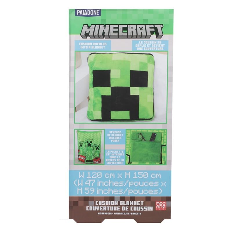 Paladone Minecraft Creeper 2-in-1 Cushion Blanket – Officially Licensed Microsoft Travel Blanket, Foldable Soft Fluffy Throw, Compact Design for Living Room or Bedroom Decor, 120cm x 150cm