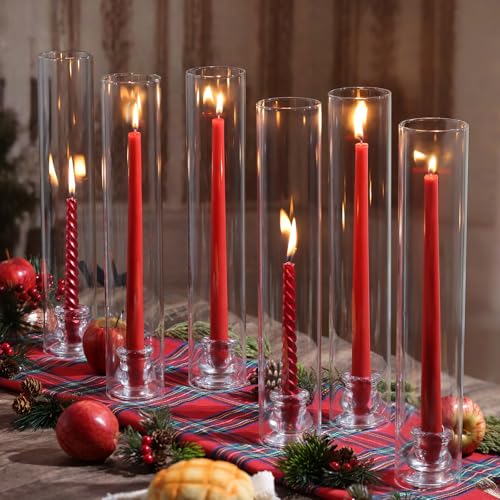 Volens Hurricane Glass Candle Holders - Set of 12 Candlestick Holders for Taper Candles with Windproof Cylinder Covers 14" Tall Clear Glass Chimney Cover for Wedding Table Centerpiece Fall Home Decor